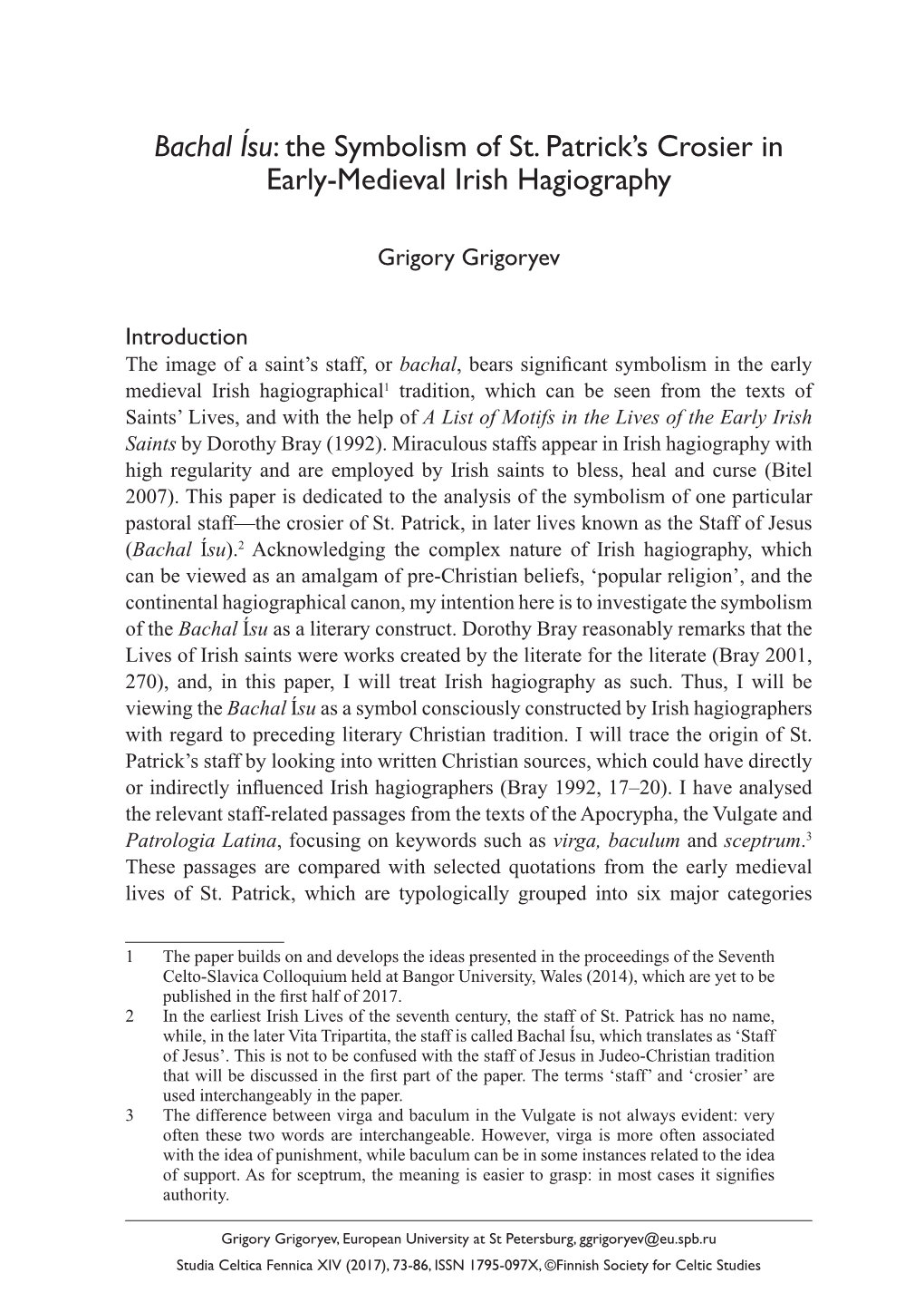 Bachal Ísu: the Symbolism of St. Patrick's Crosier in Early-Medieval Irish Hagiography