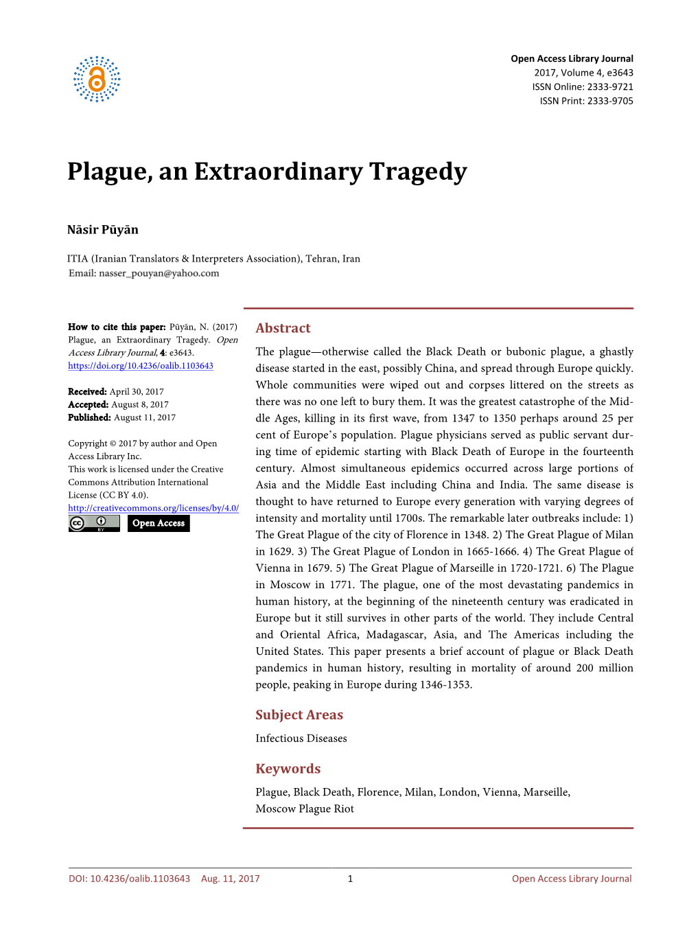 Plague, an Extraordinary Tragedy