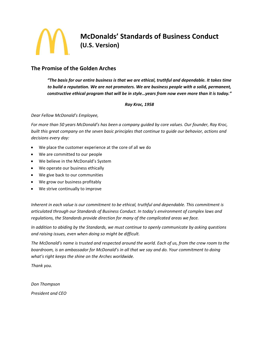 Mcdonalds' Standards of Business Conduct
