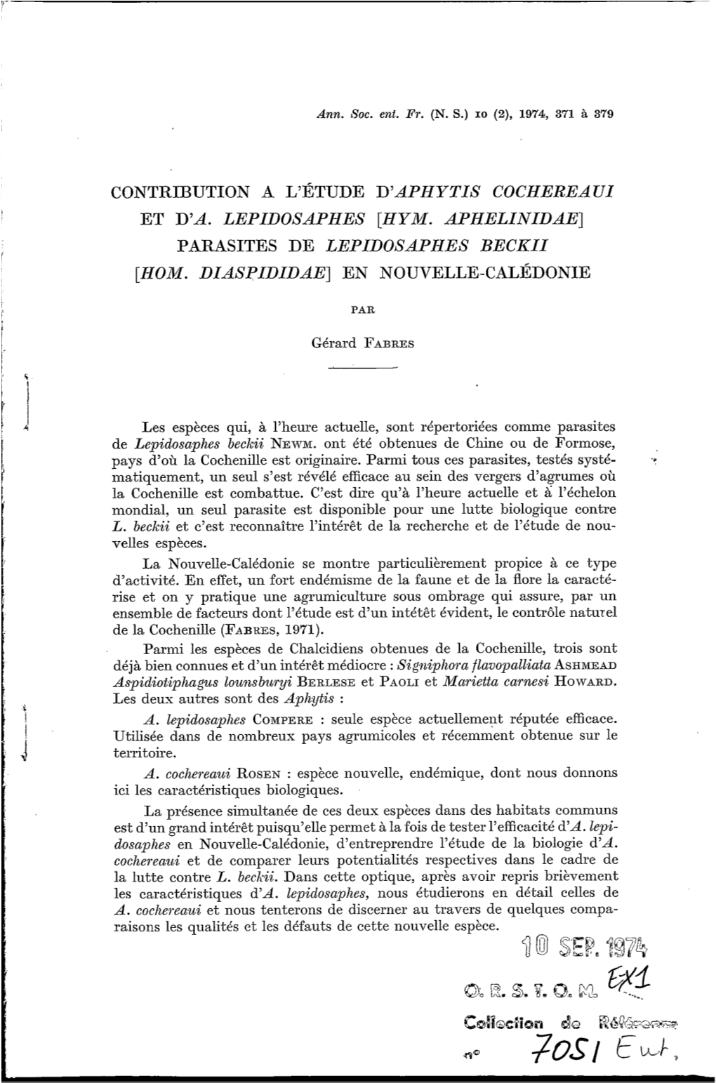 Contribution À L'étude D'aphytis Cochereaui Et D'a. Lepidosaphes