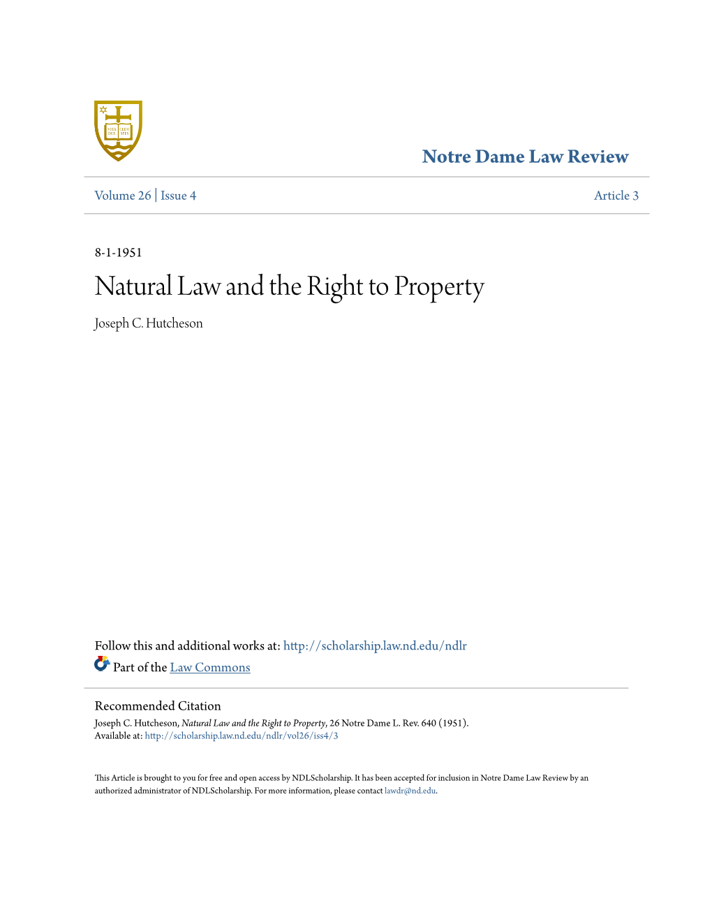 Natural Law and the Right to Property Joseph C