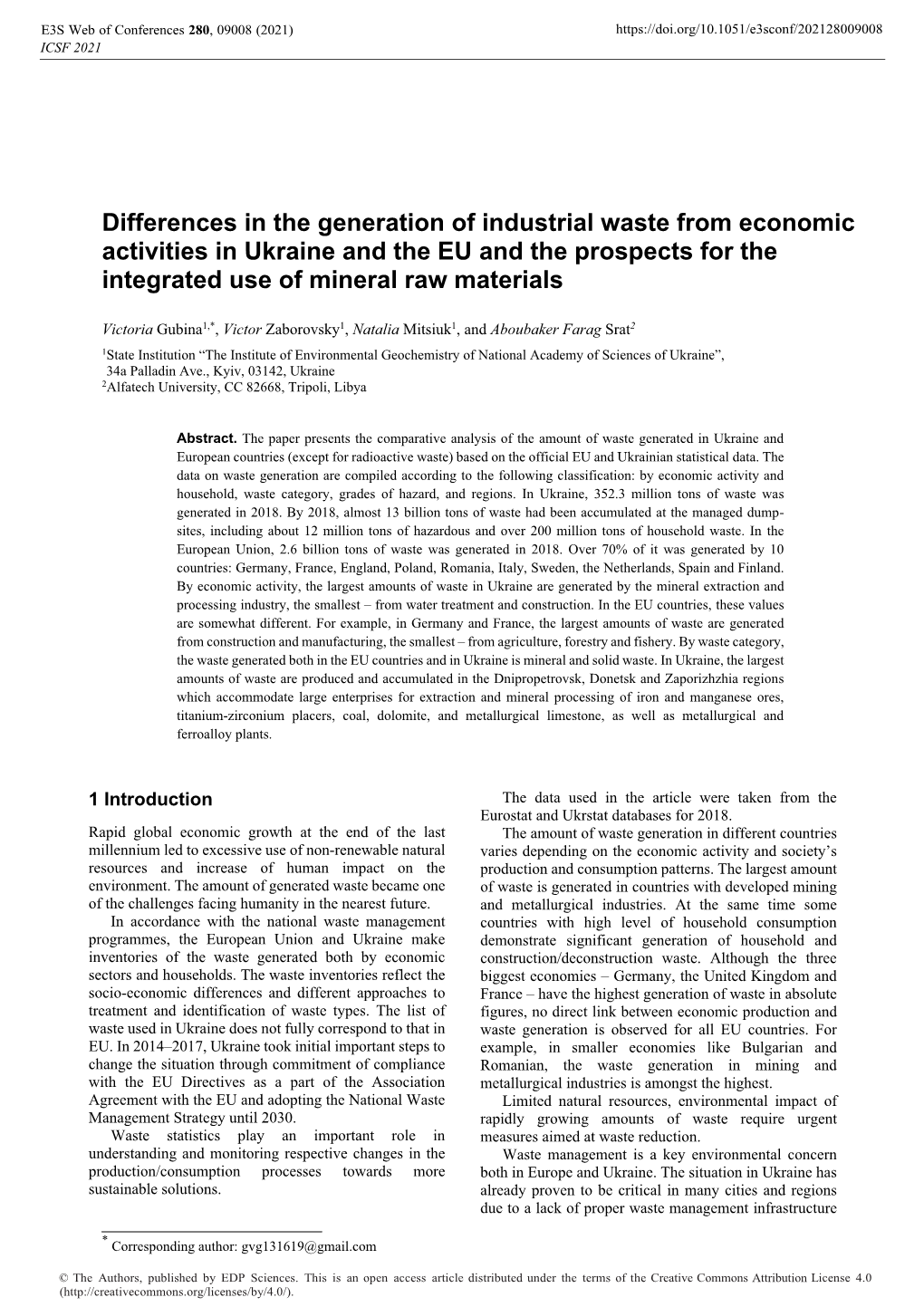 Differences in the Generation of Industrial Waste from Economic Activities in Ukraine and the EU and the Prospects for the Integrated Use of Mineral Raw Materials