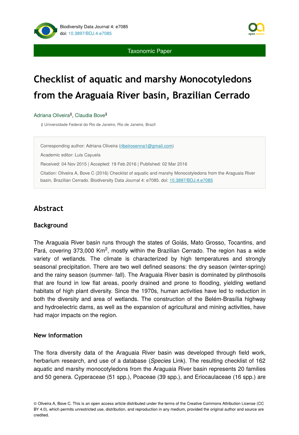 Checklist of Aquatic and Marshy Monocotyledons from the Araguaia River Basin, Brazilian Cerrado