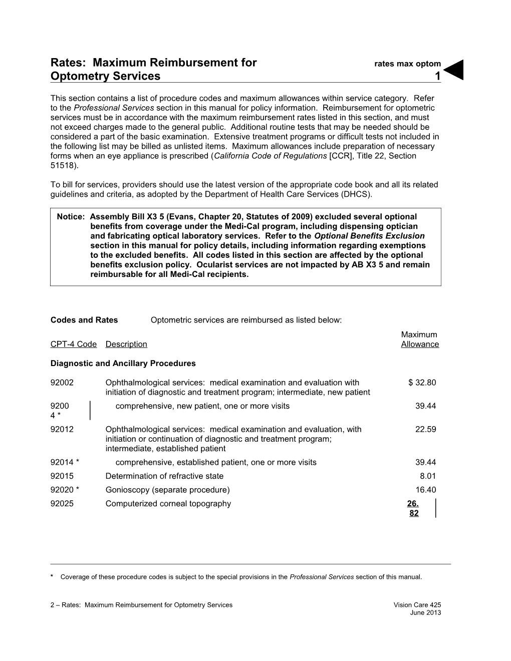 Rates: Maximum Reimbursement for Optomtry Services (Rates Max Optom)