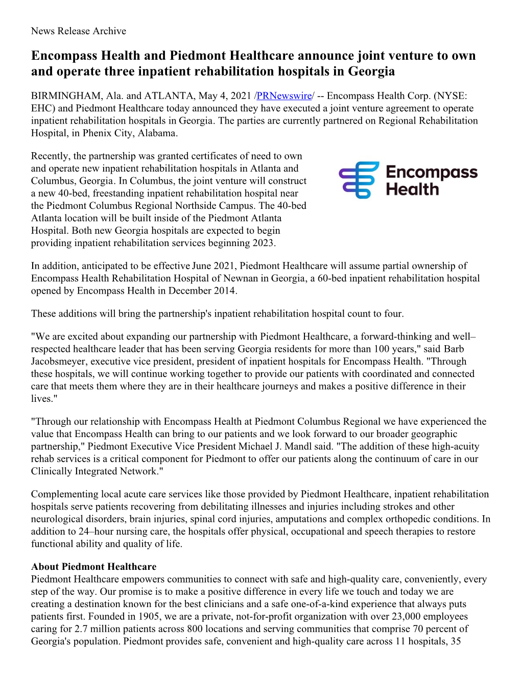 Encompass Health and Piedmont Healthcare Announce Joint Venture to Own and Operate Three Inpatient Rehabilitation Hospitals in Georgia