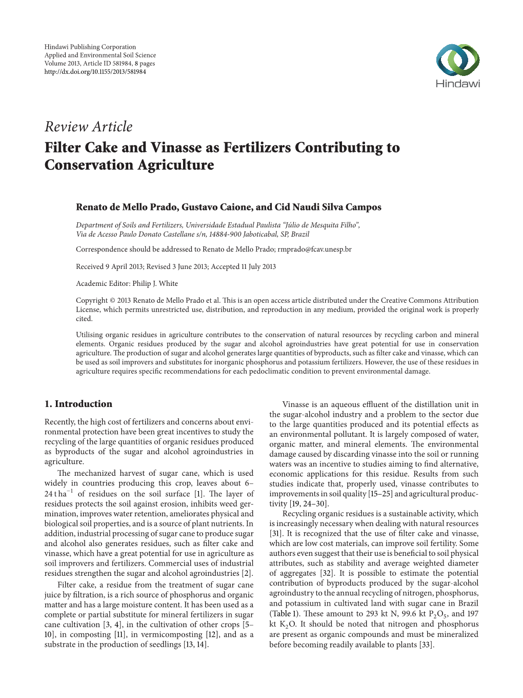 Review Article Filter Cake and Vinasse As Fertilizers Contributing to Conservation Agriculture