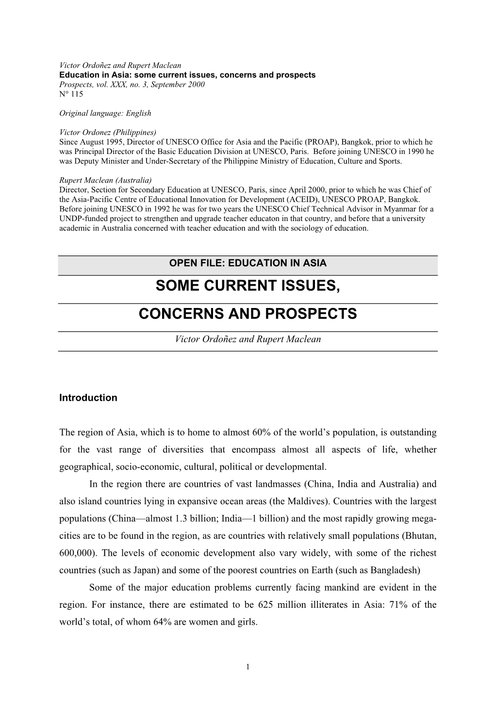 Education in Asia: Some Current Issues, Concerns and Prospects Prospects, Vol
