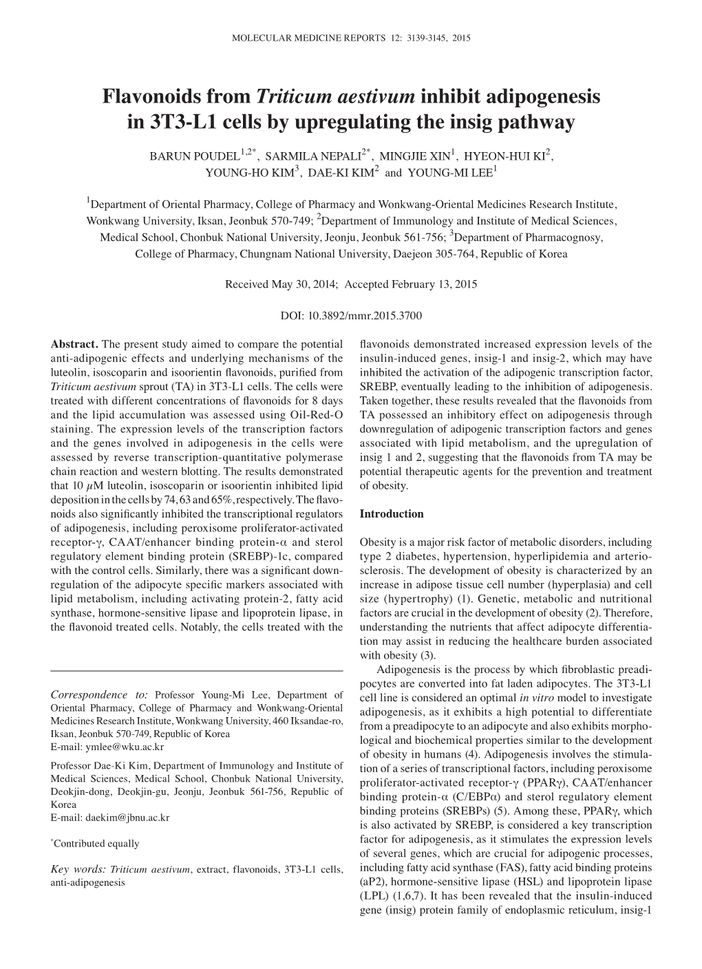 Flavonoids from Triticum Aestivum Inhibit Adipogenesis in 3T3-L1 Cells by Upregulating the Insig Pathway