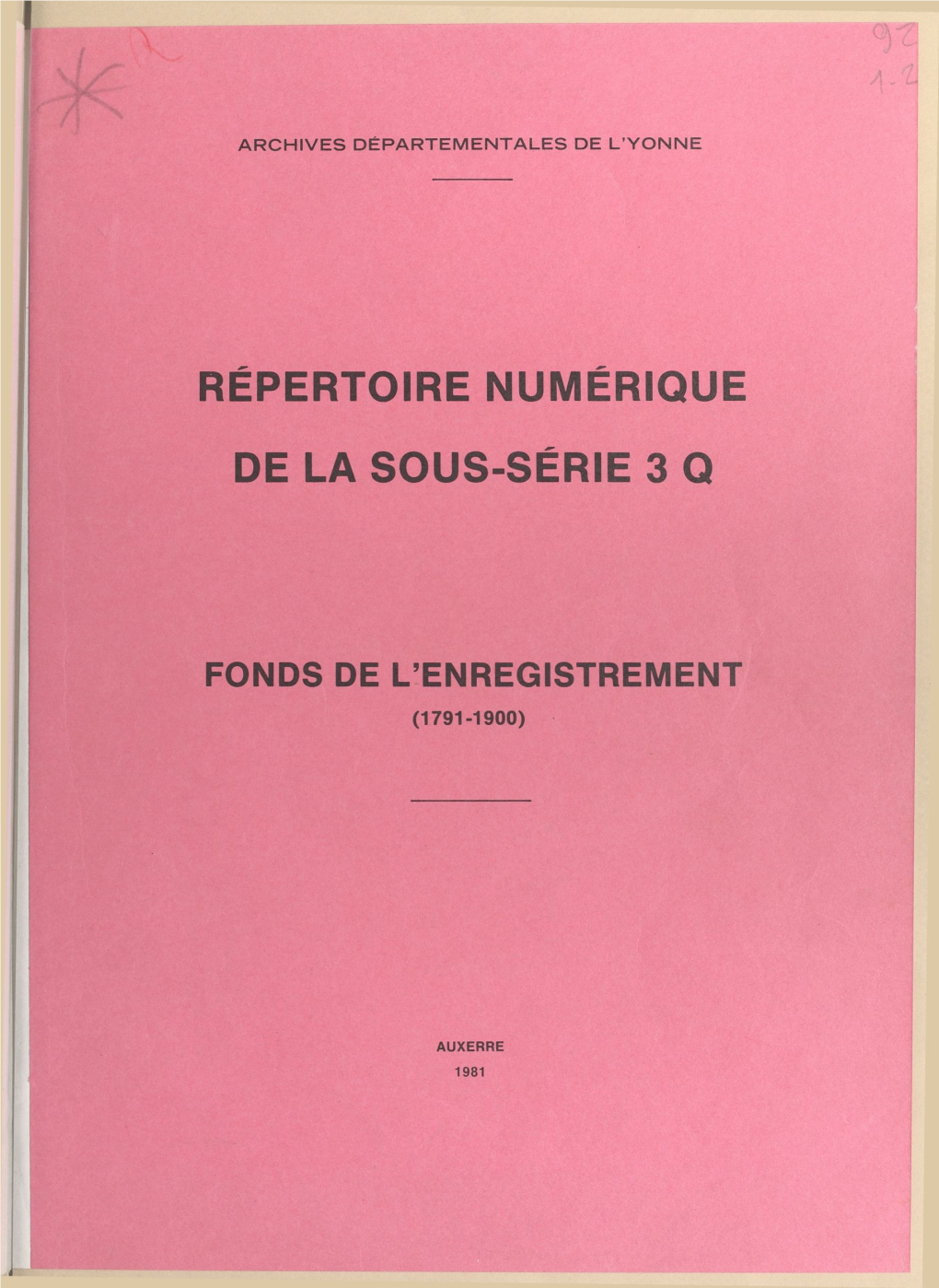 Répertoire Numérique De La Sous-Série 3 Q : Fonds De L