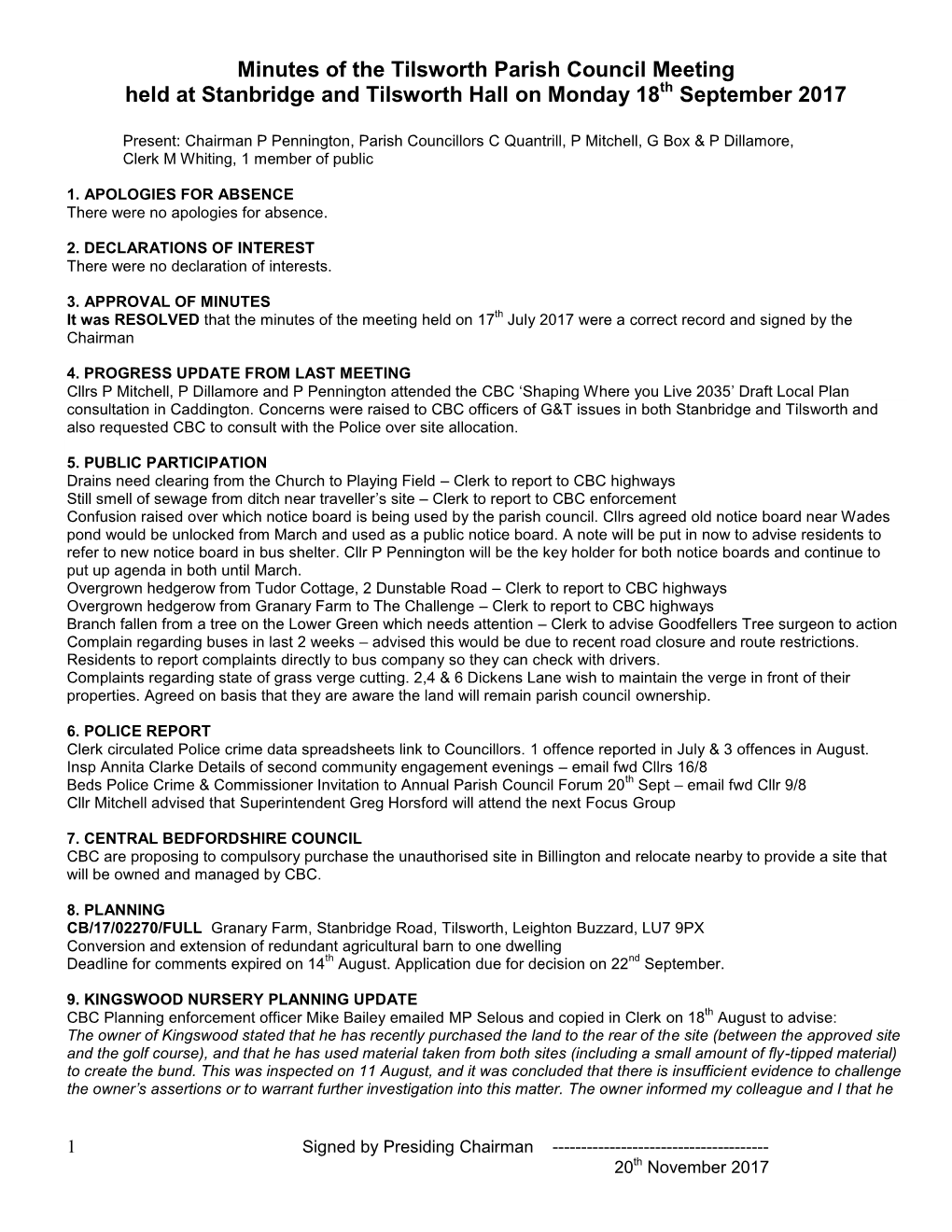 Minutes of the Tilsworth Parish Council Meeting Held at Stanbridge and Tilsworth Hall on Monday 18Th September 2017