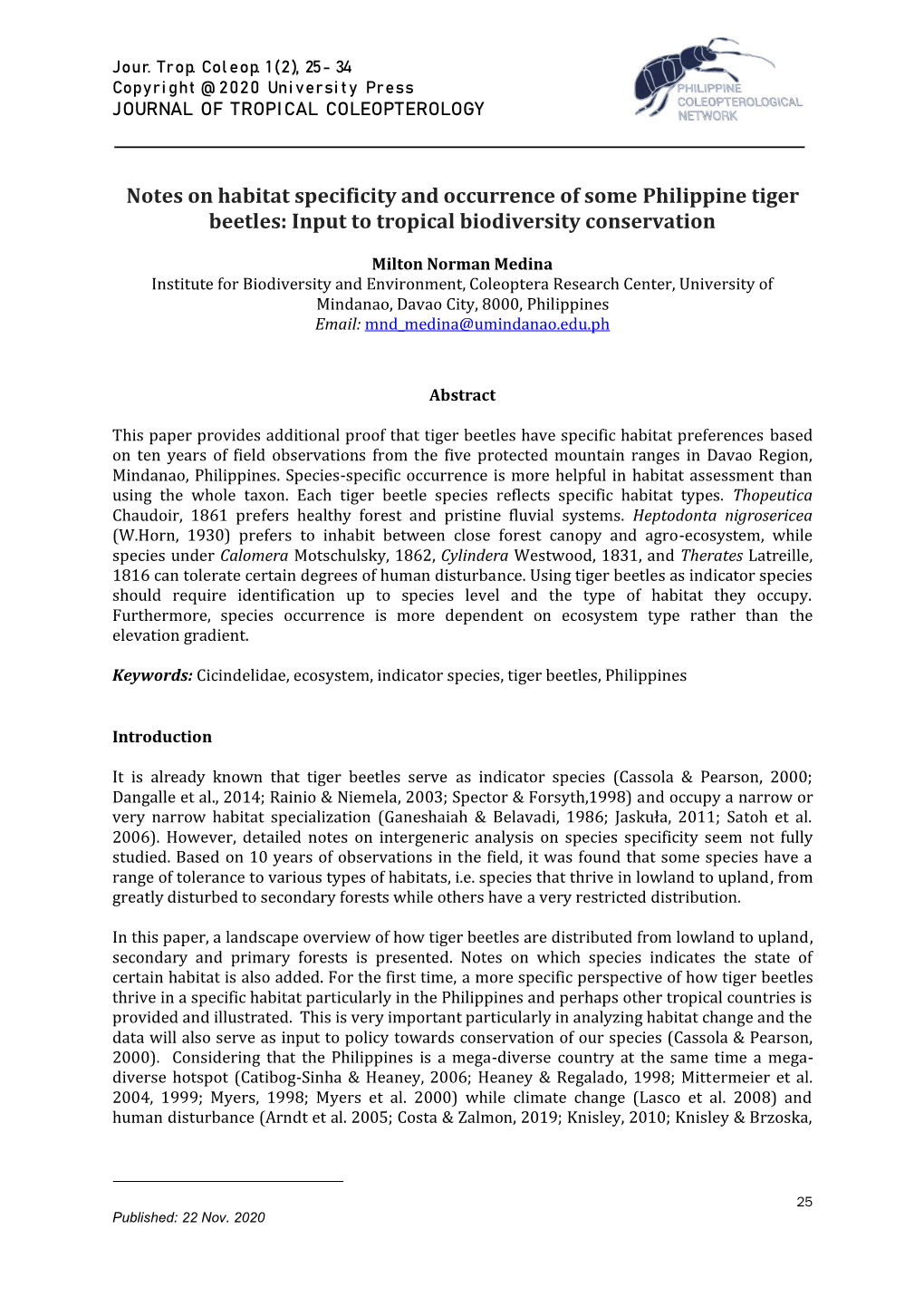 Notes on Habitat Specificity and Occurrence of Some Philippine Tiger Beetles: Input to Tropical Biodiversity Conservation