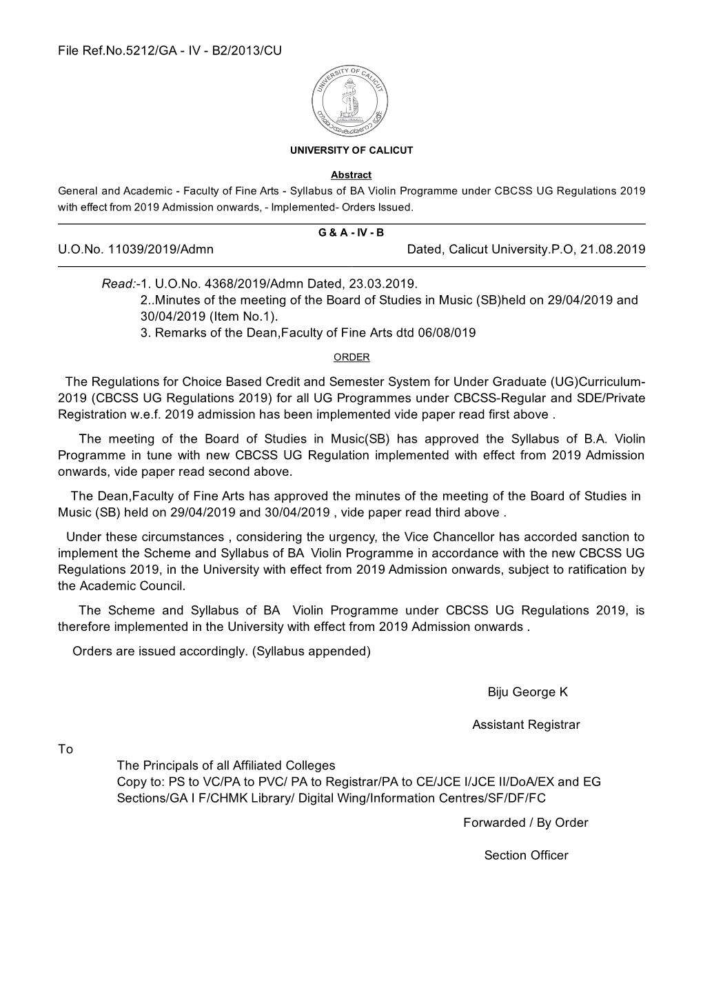 U.O.No. 11039/2019/Admn Dated, Calicut University.P.O, 21.08.2019