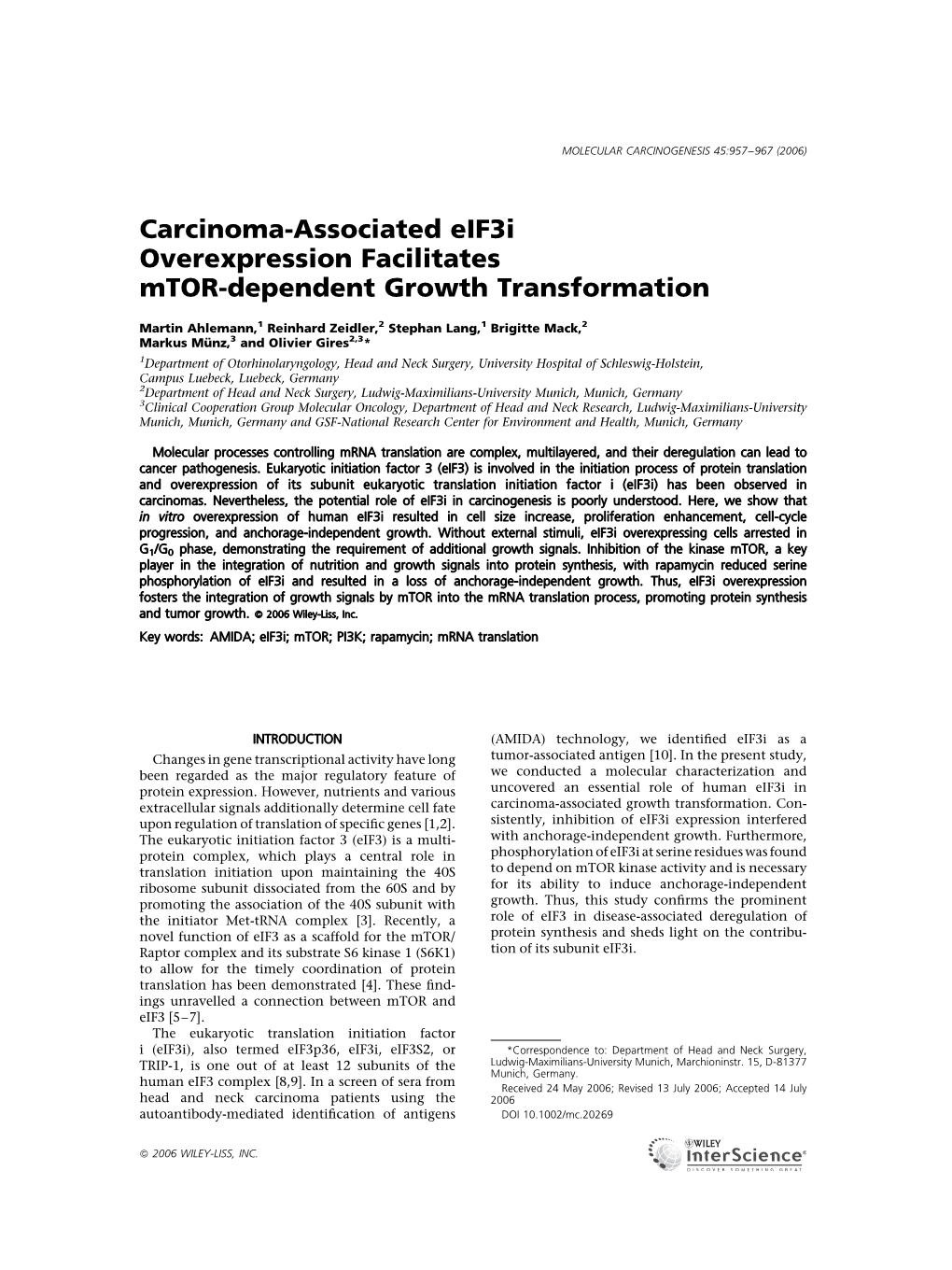 Carcinoma-Associated Eif3i Overexpression Facilitates Mtor-Dependent Growth Transformation