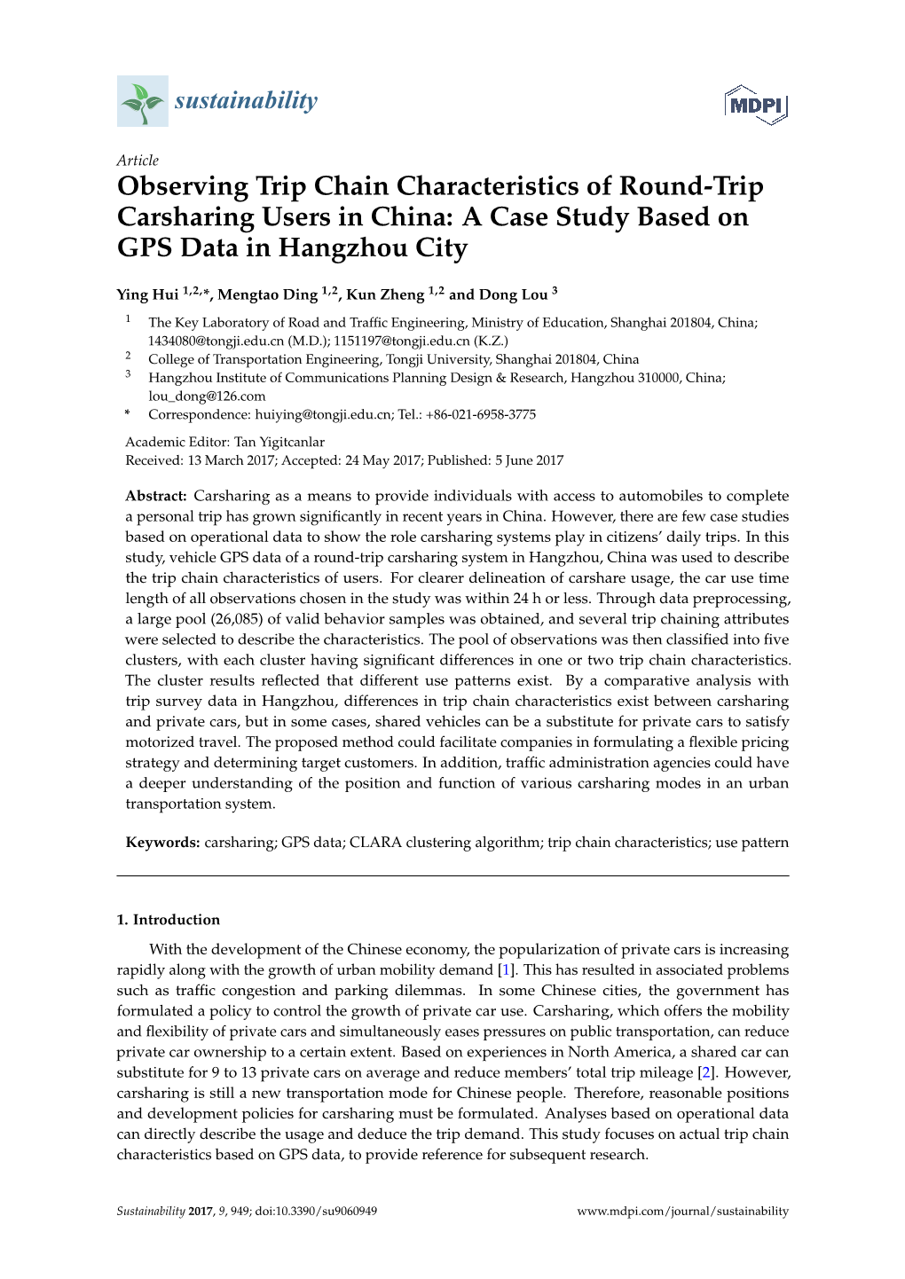Observing Trip Chain Characteristics of Round-Trip Carsharing Users in China: a Case Study Based on GPS Data in Hangzhou City