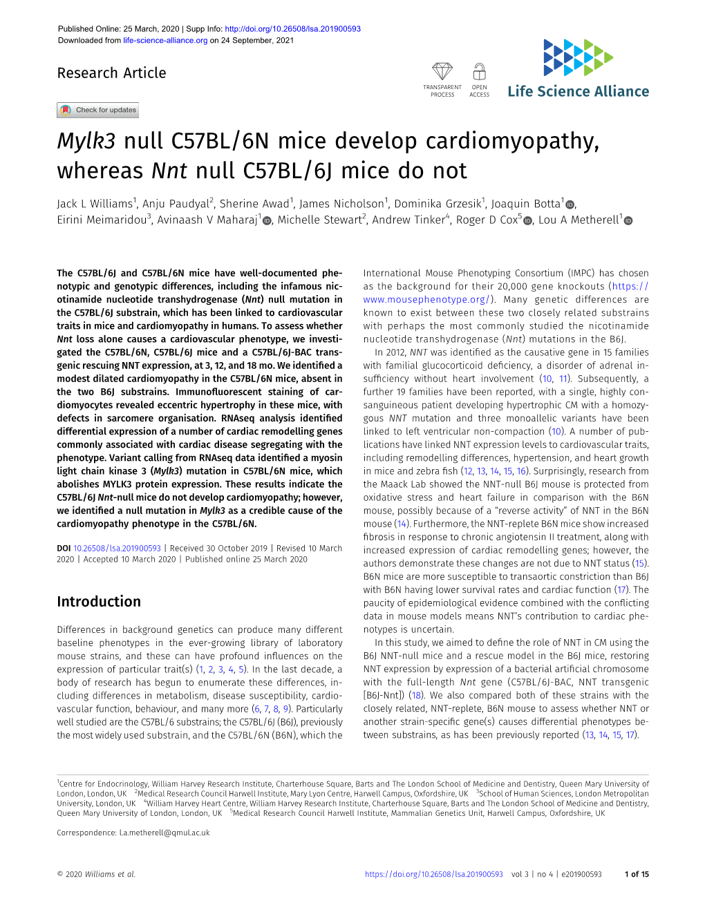 Mylk3 Null C57BL/6N Mice Develop Cardiomyopathy, Whereas Nnt Null C57BL/6J Mice Do Not