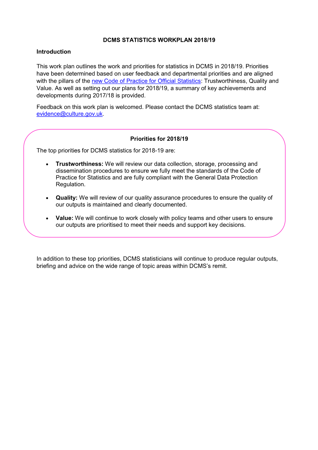 DCMS Statistical Work Plan 2018/19