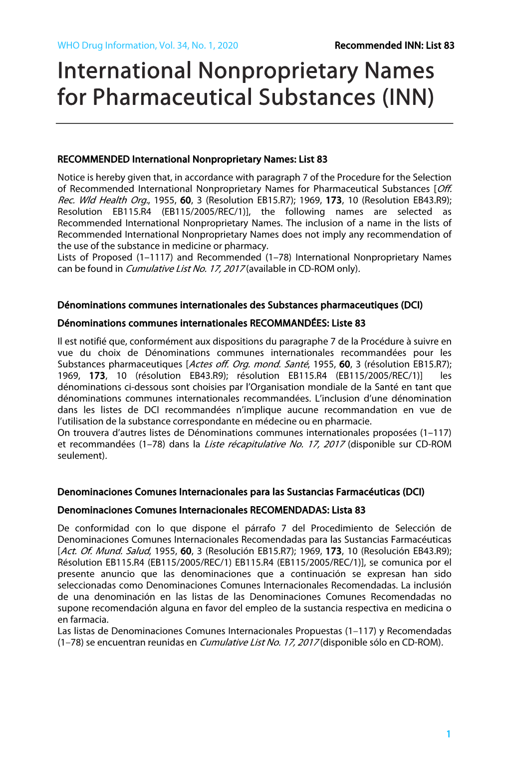 International Nonproprietary Names for Pharmaceutical Substances (INN)