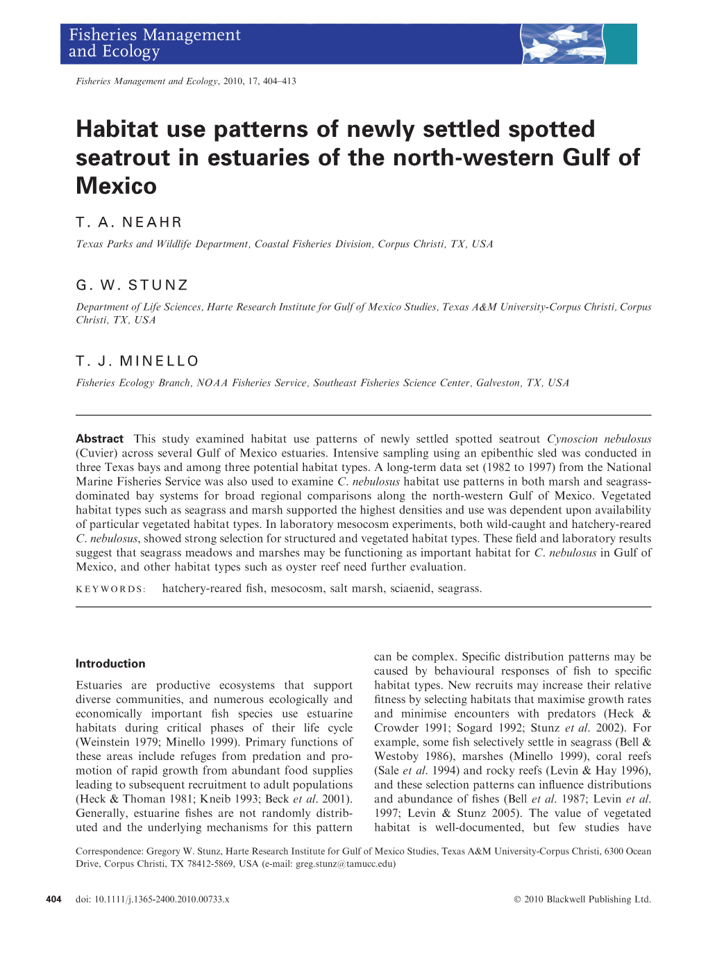 Habitat Use Patterns of Newly Settled Spotted Seatrout in Estuaries of the North-Western Gulf of Mexico