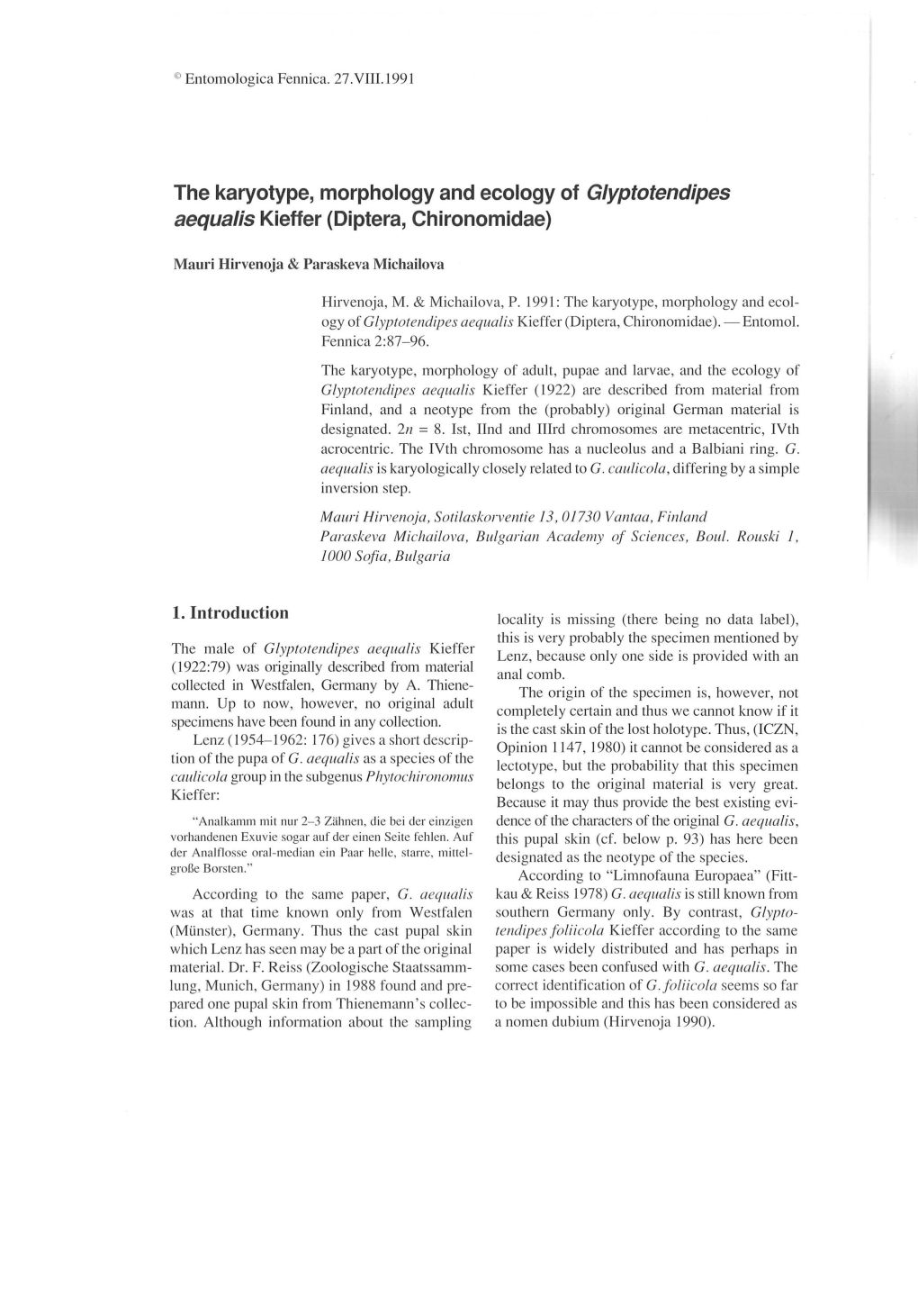 The Karyotype, Morphology and Ecology of Glyptotendipes Aequalis Kieffer (Diptera, Chironomidae)