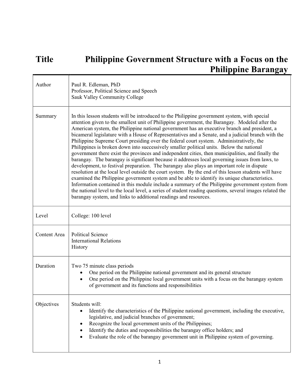 Title Philippine Government Structure with a Focus on the Philippine Barangay