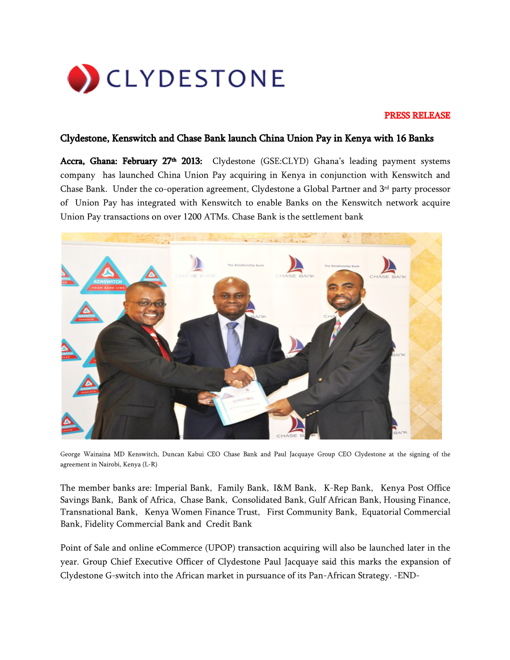 Clydestone, Kenswitch and Chase Bank Launch China Union Pay in Kenya with 16 Banks