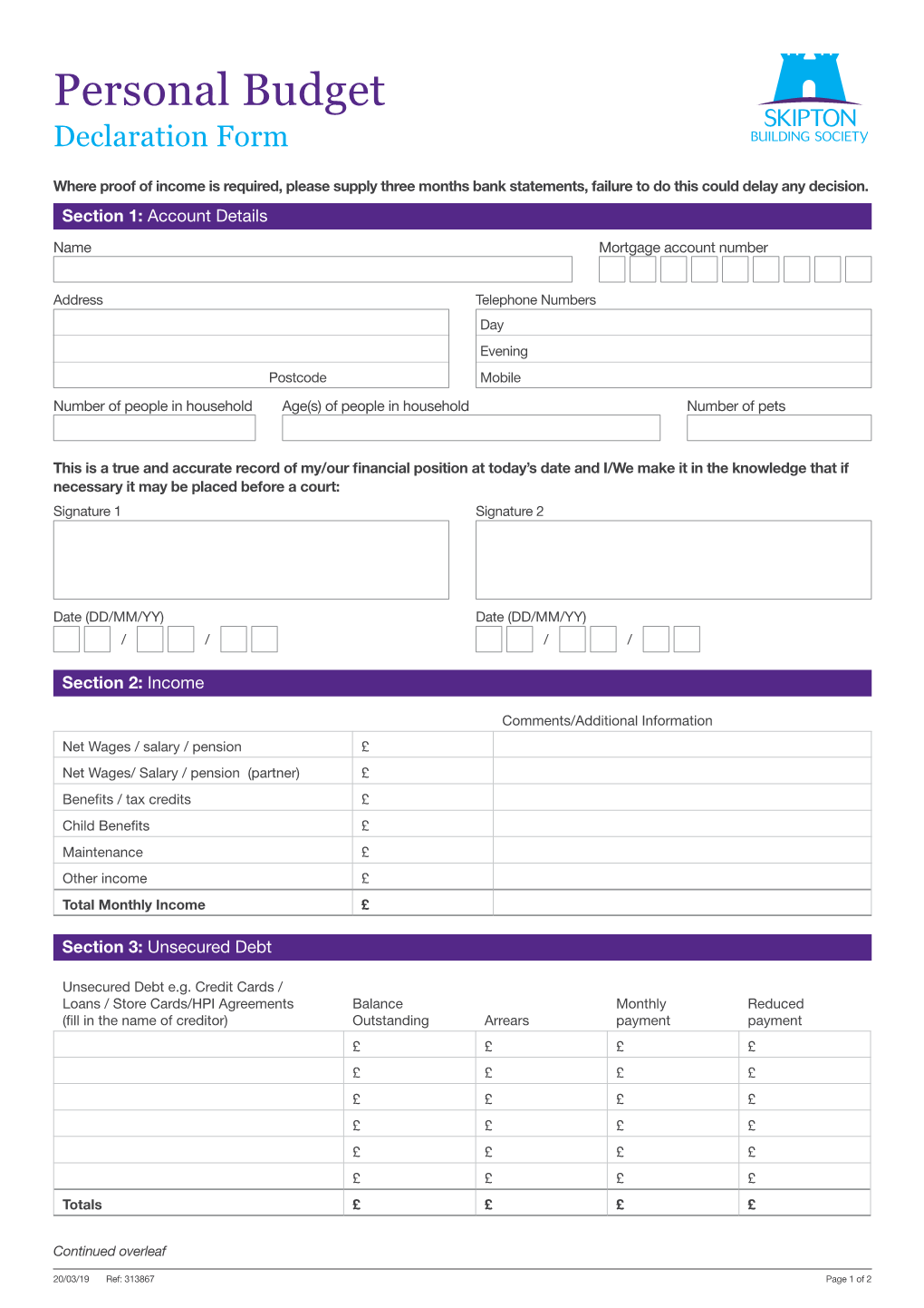 Personal Budget Declaration Form