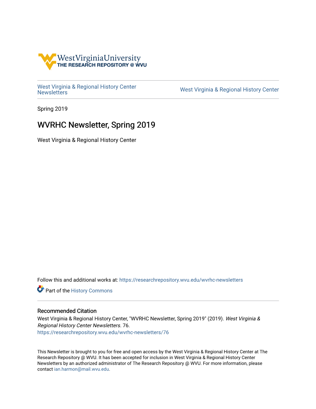WVRHC Newsletter, Spring 2019
