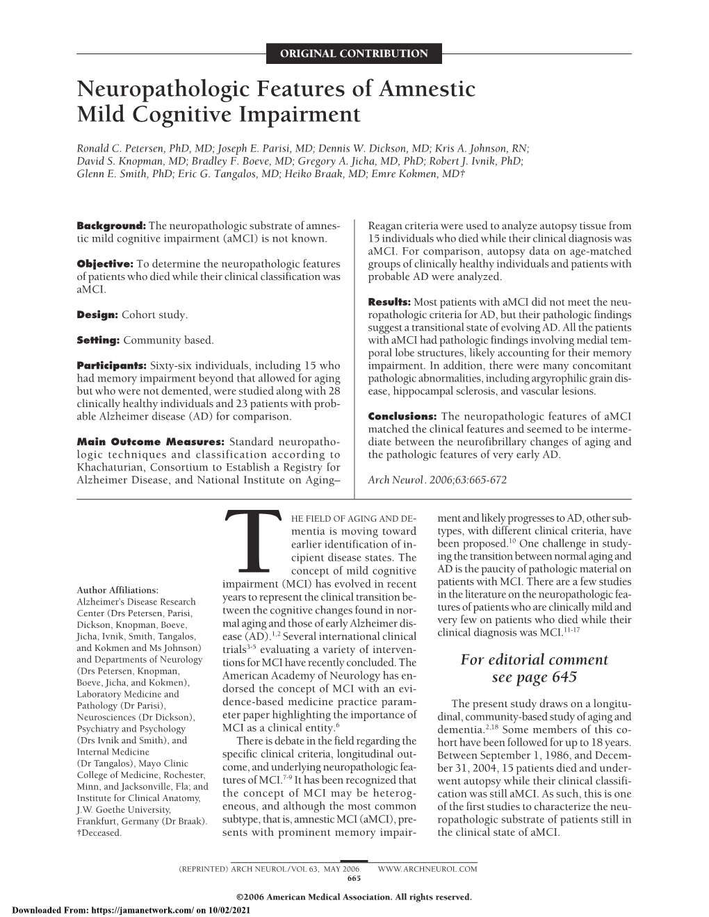 Neuropathologic Features of Amnestic Mild Cognitive Impairment