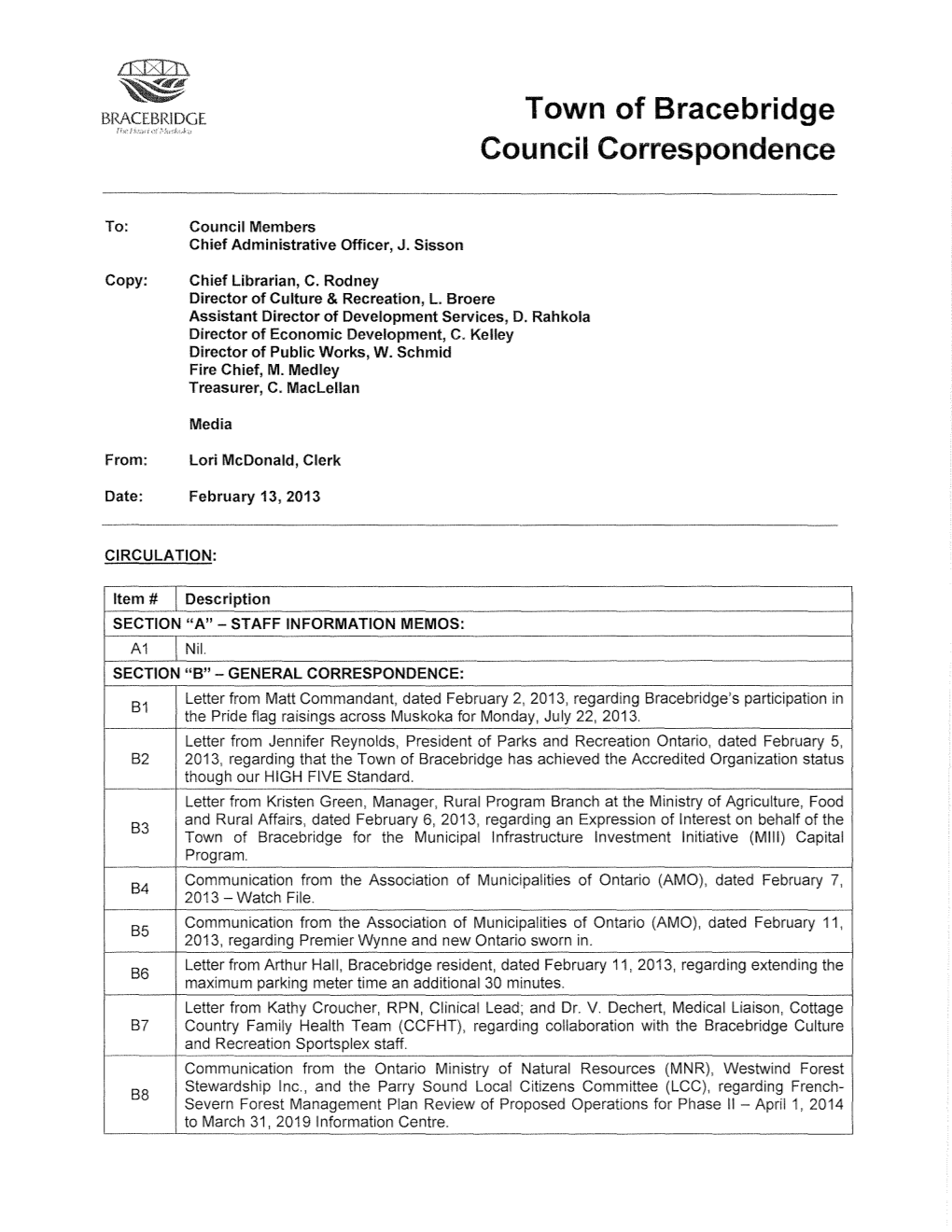 Town of Bracebridge Council Correspondence