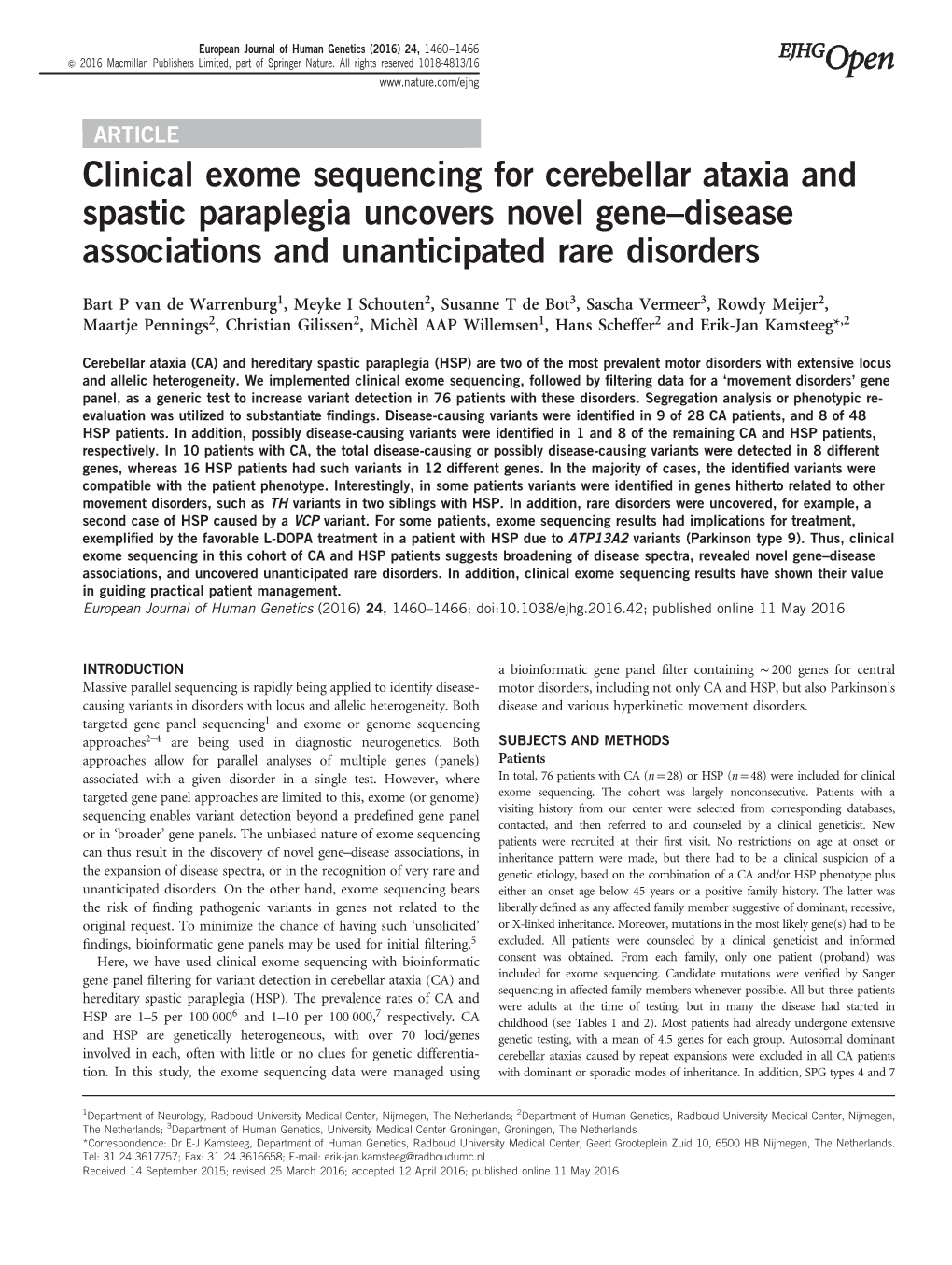 Clinical Exome Sequencing for Cerebellar Ataxia and Spastic Paraplegia Uncovers Novel Gene–Disease Associations and Unanticipated Rare Disorders