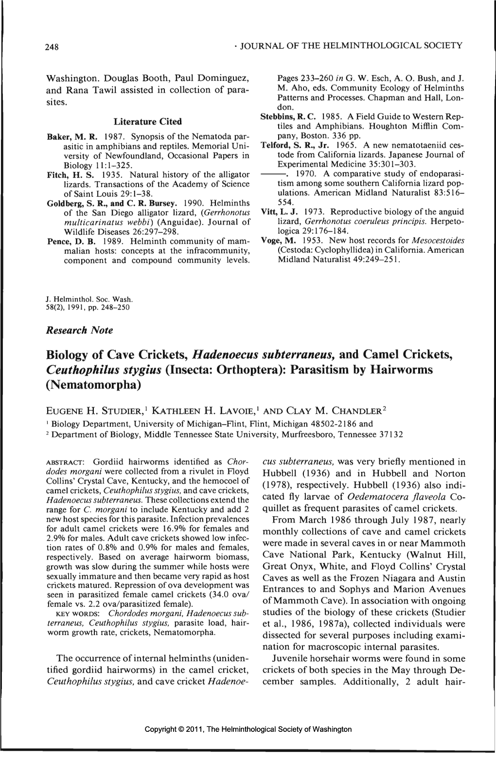 Biology of Cave Crickets, Hadenoecus Subtermneus, and Camel Crickets, Ceuthophilus Stygius (Insecta: Orthoptera): Parasitism by Hairworms (Nematomorpha)