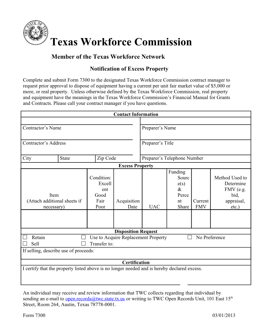 Financial Manual for Grants and Contracts: Form 7300