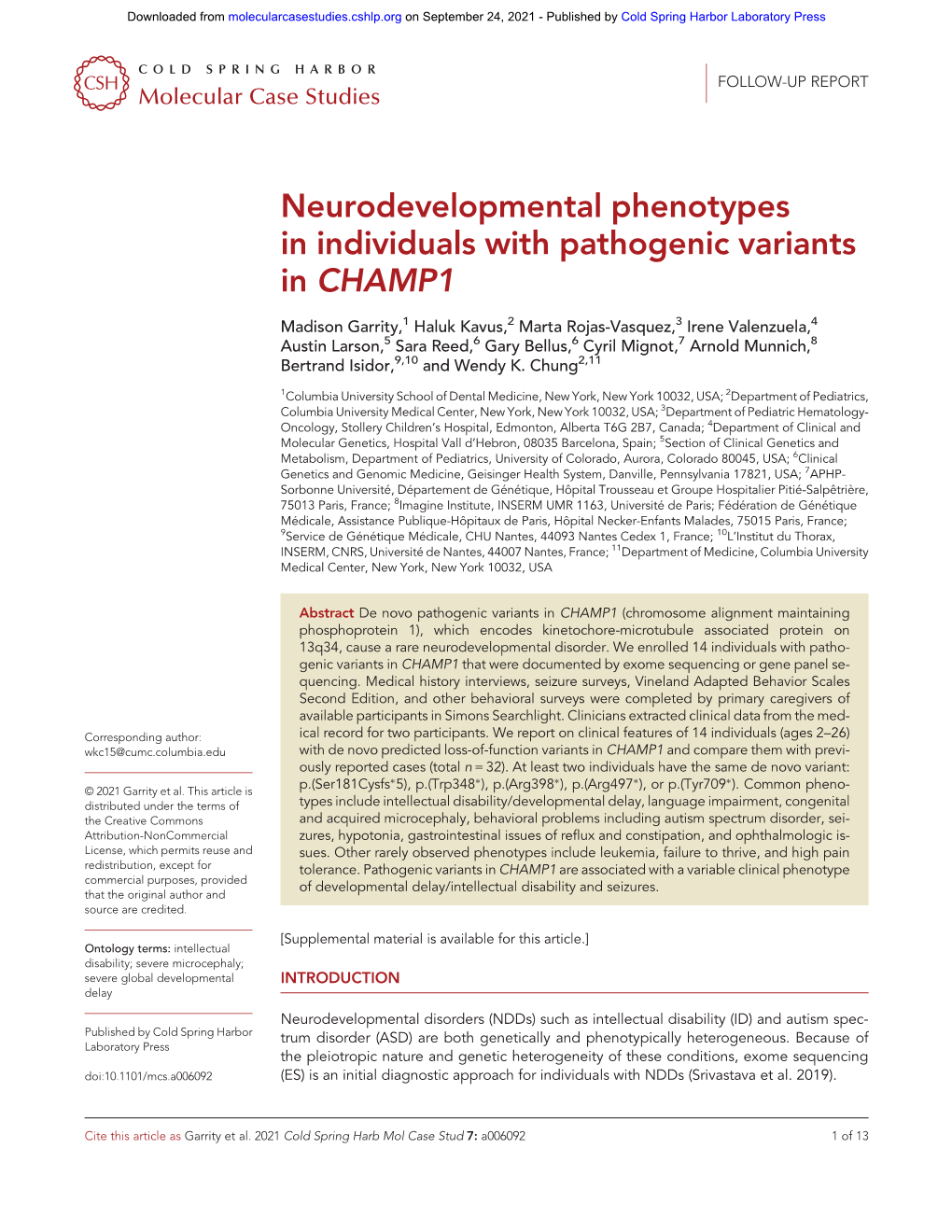 Neurodevelopmental Phenotypes in Individuals with Pathogenic Variants in CHAMP1