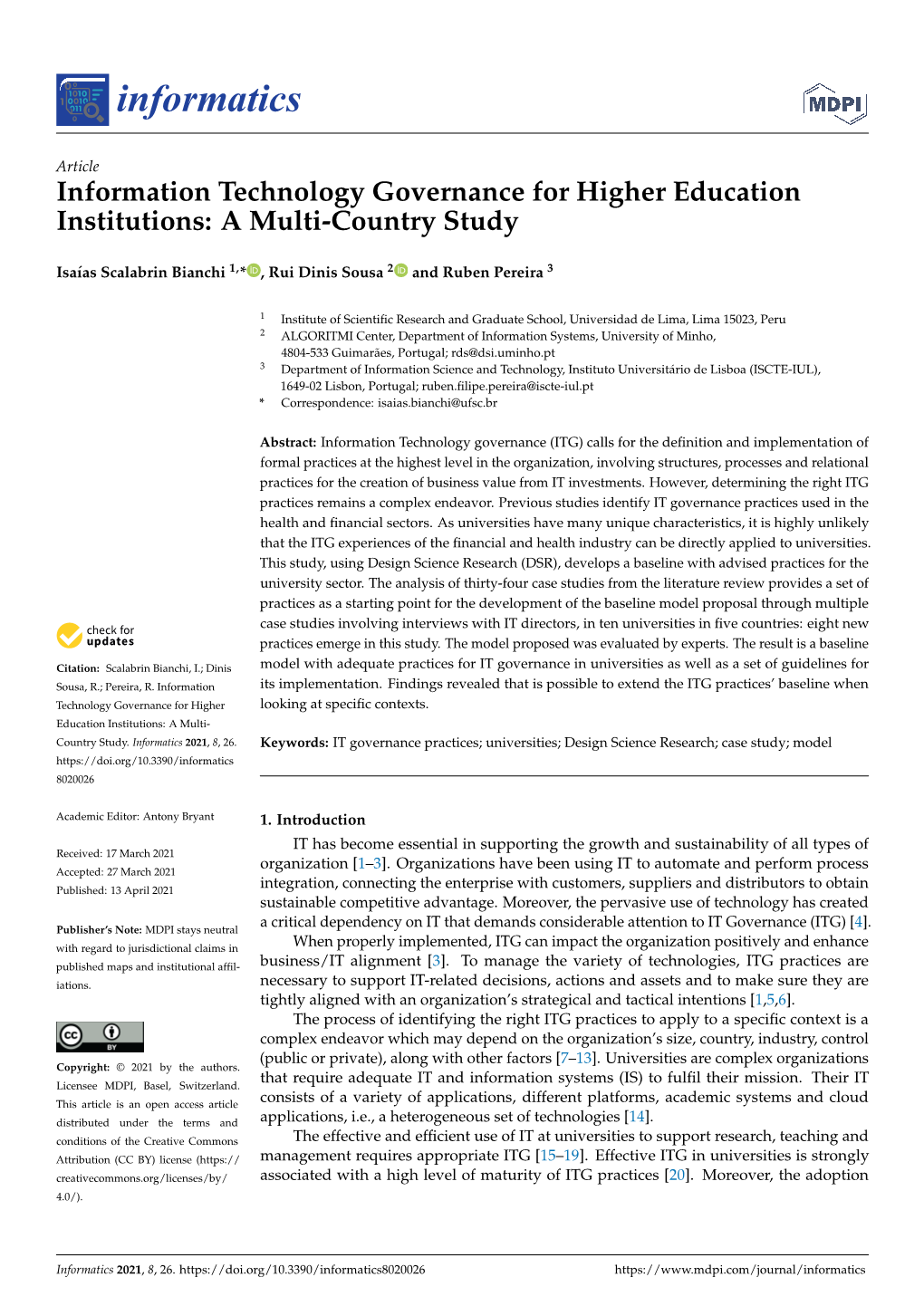 Information Technology Governance for Higher Education Institutions: a Multi-Country Study