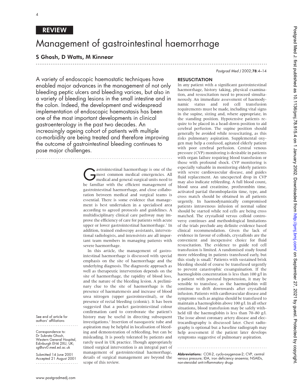 Management of Gastrointestinal Haemorrhage S Ghosh, D Watts, M Kinnear