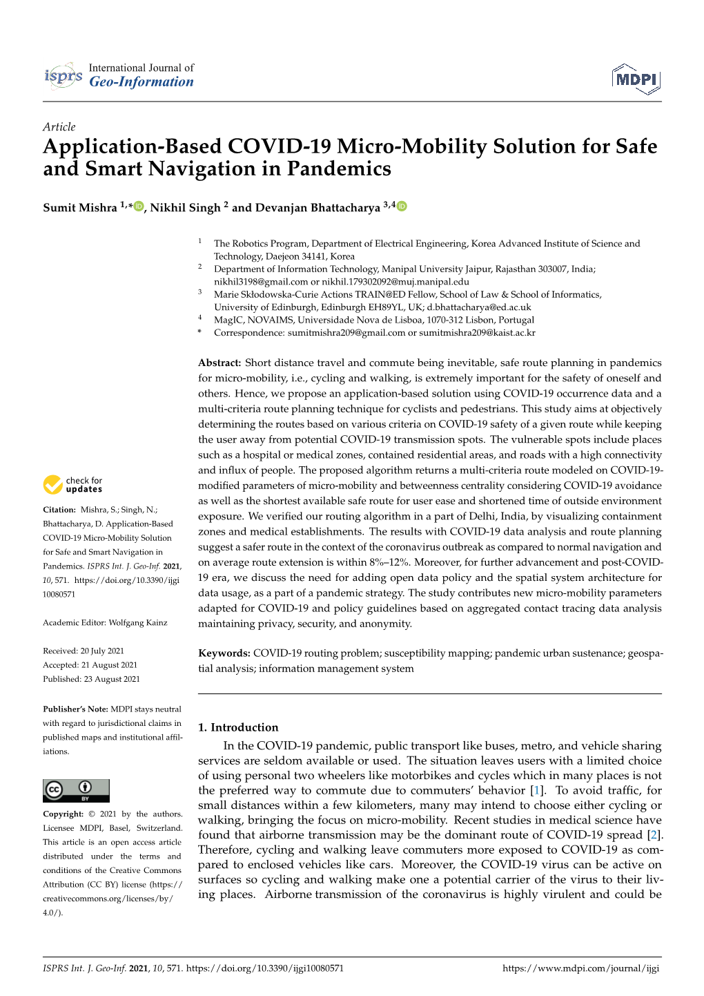 Application-Based COVID-19 Micro-Mobility Solution for Safe and Smart Navigation in Pandemics