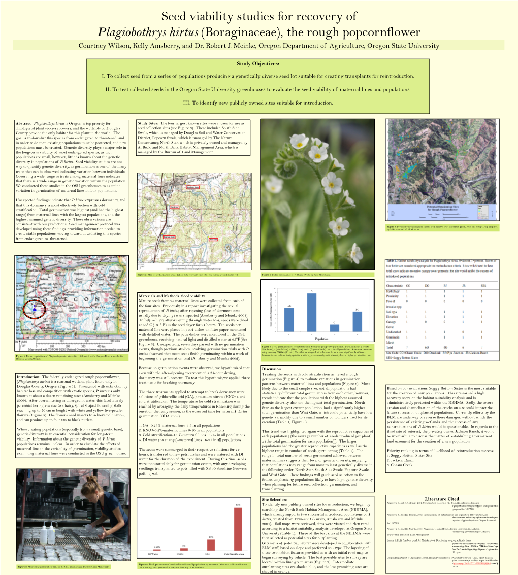 Seed Viability Studies for Recovery of Plagiobothrys Hirtus (Boraginaceae), the Rough Popcornflower Courtney Wilson, Kelly Amsberry, and Dr