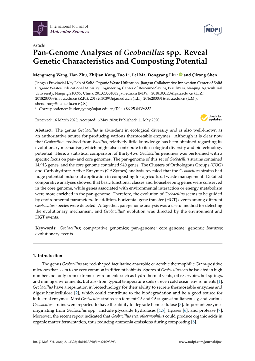 Pan-Genome Analyses of Geobacillus Spp. Reveal Genetic Characteristics and Composting Potential