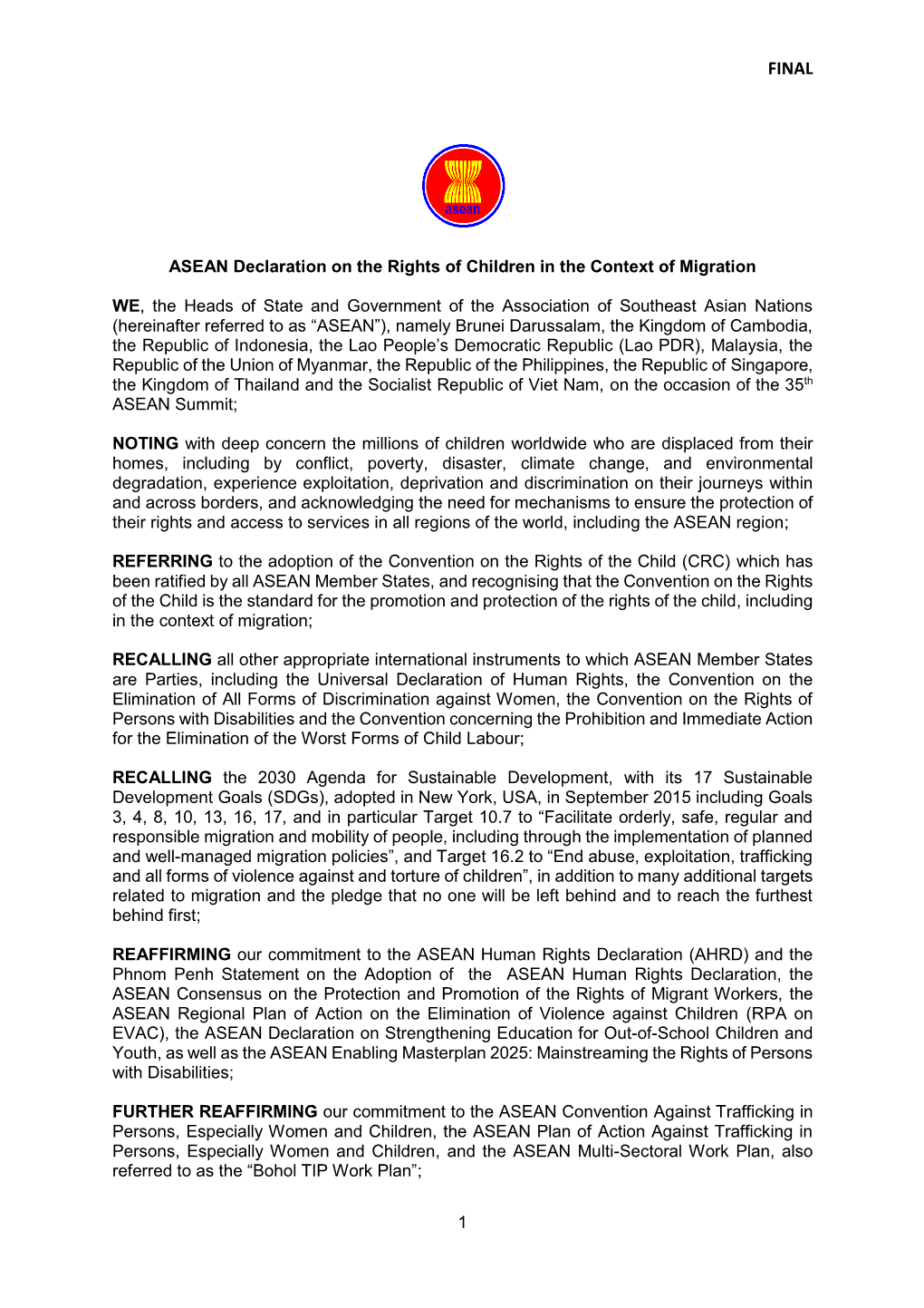 ASEAN Declaration on the Rights of Children in the Context of Migration