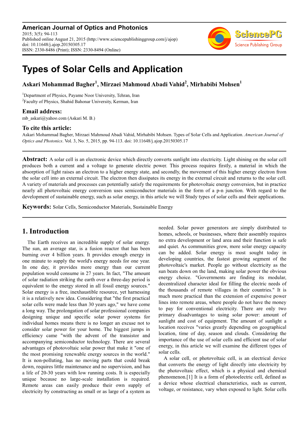 Types of Solar Cells and Application