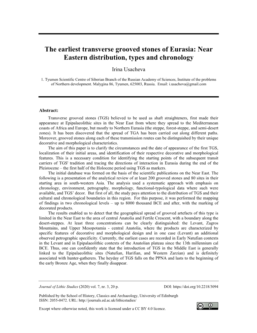 The Earliest Transverse Grooved Stones of Eurasia: Near Eastern Distribution, Types and Chronology