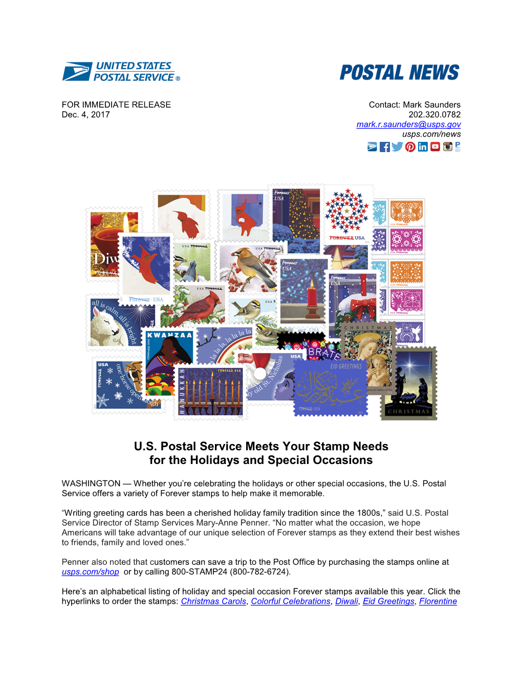 U.S. Postal Service Meets Your Stamp Needs for the Holidays and Special Occasions