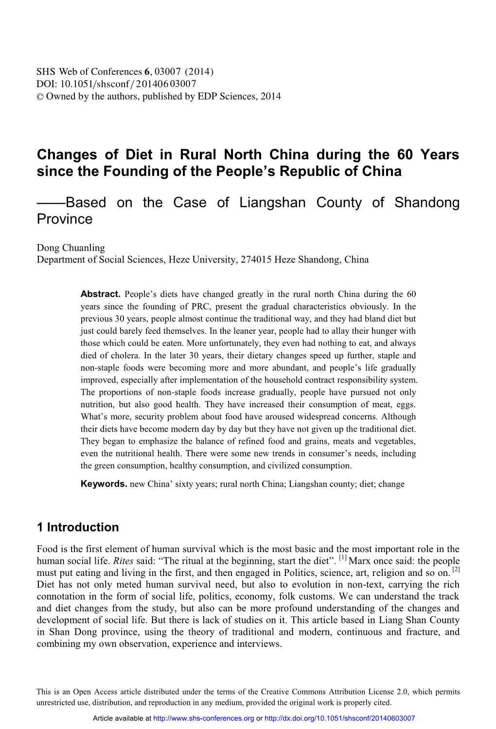 Changes of Diet in Rural North China During the 60 Years Since the Founding of the People's Republic of China