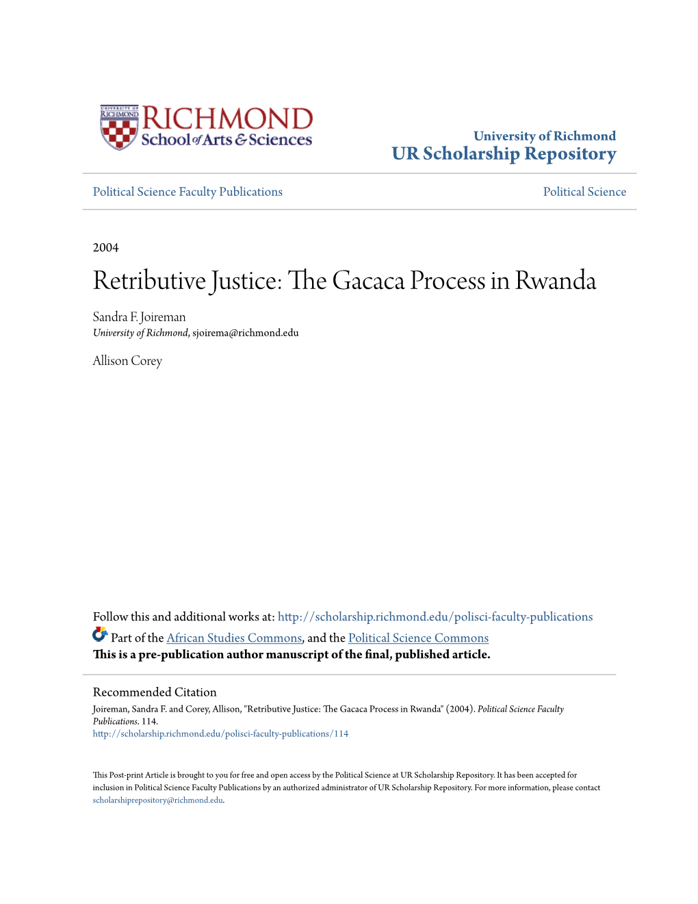 Retributive Justice: the Ag Caca Process in Rwanda Sandra F