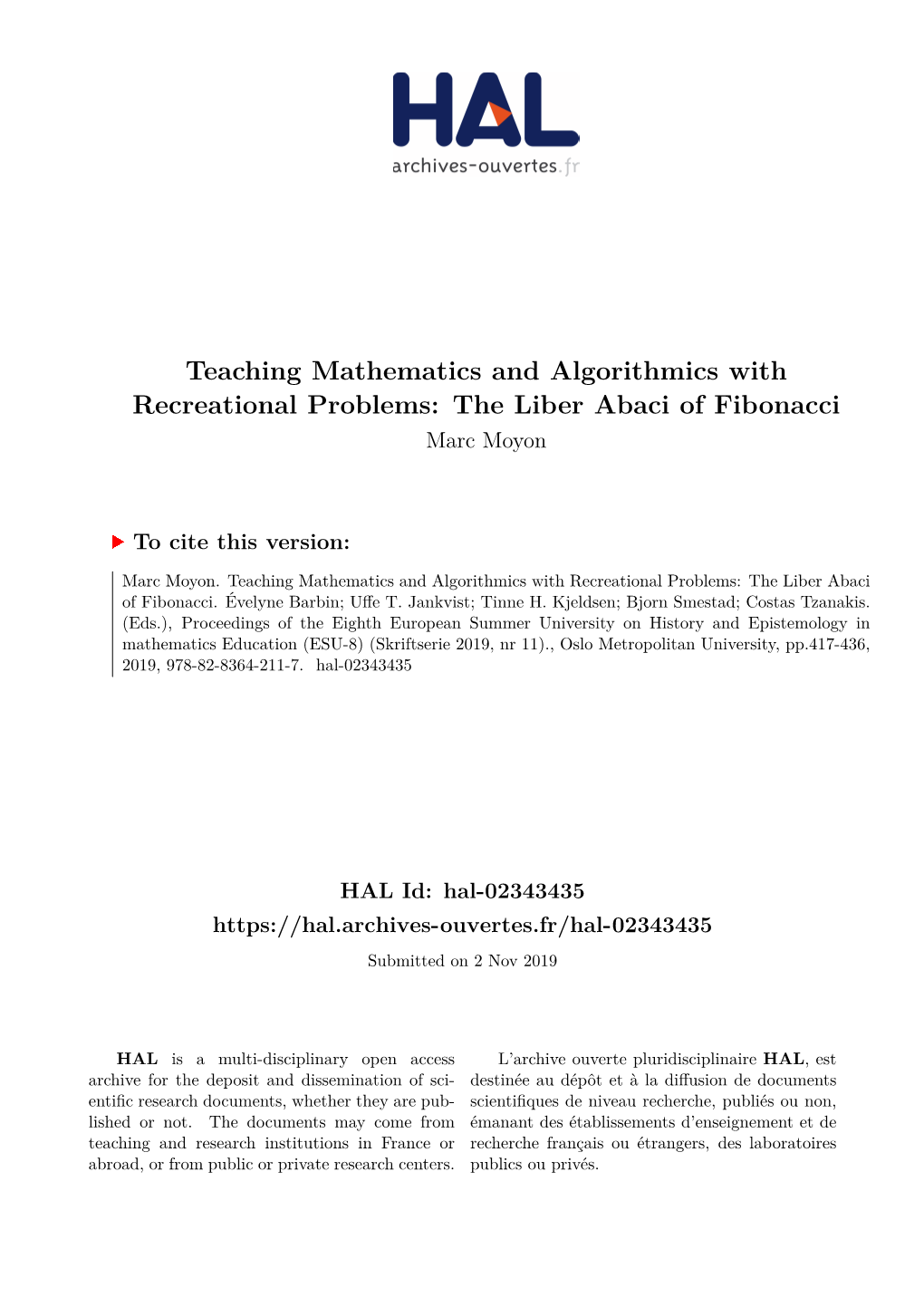 The Liber Abaci of Fibonacci Marc Moyon