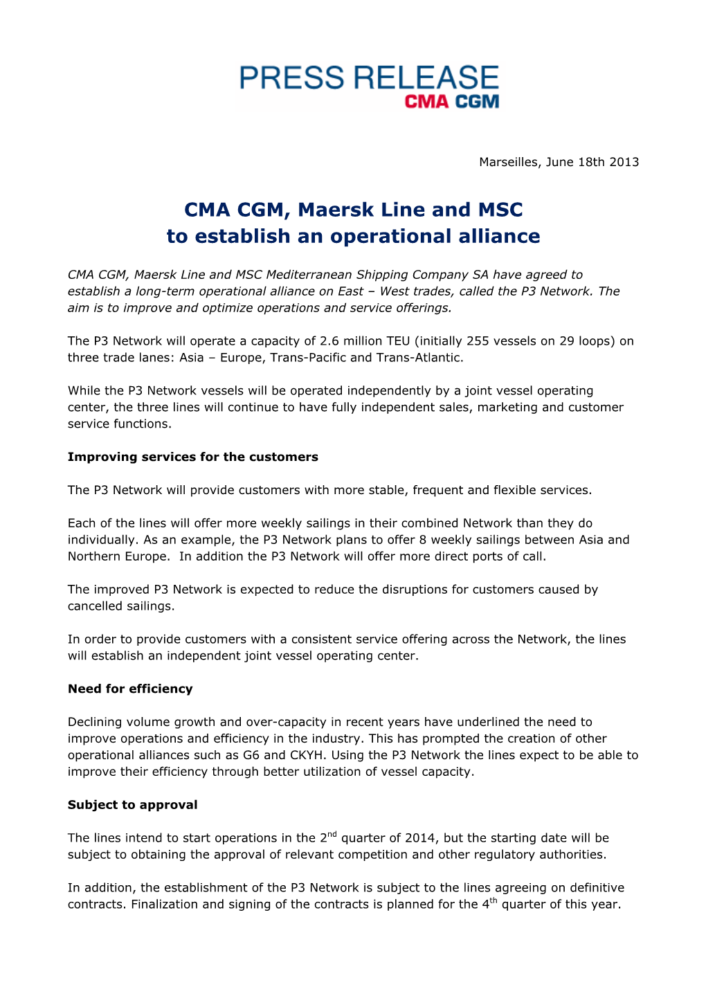 CMA CGM, Maersk Line and MSC to Establish an Operational Alliance