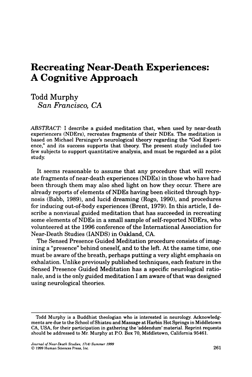 Recreating Near-Death Experiences: a Cognitive Approach