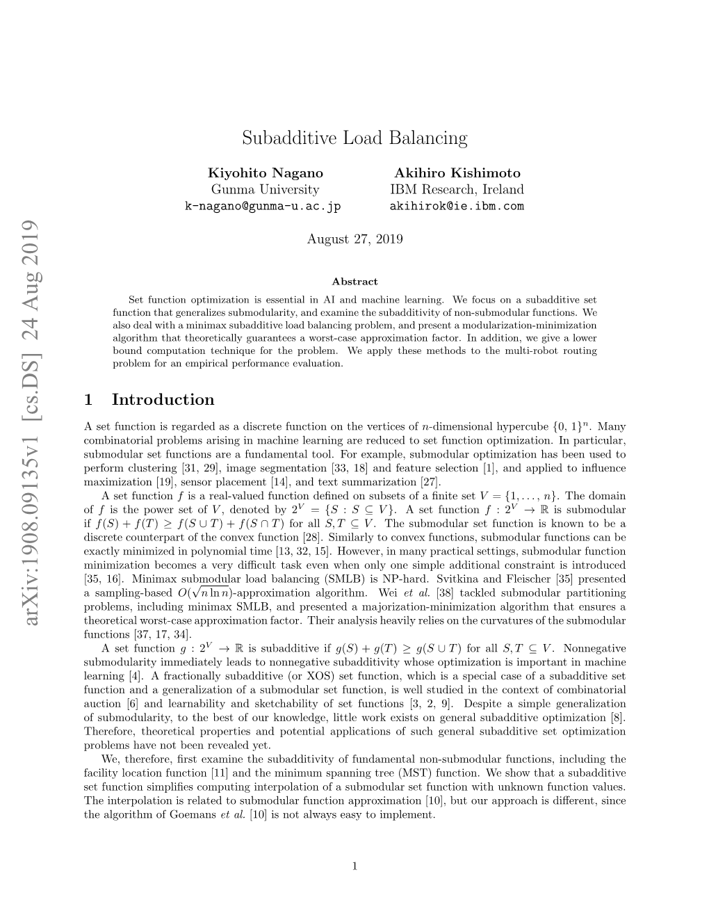 Subadditive Load Balancing (SALB) Problem As an Important General- Ization of SMLB