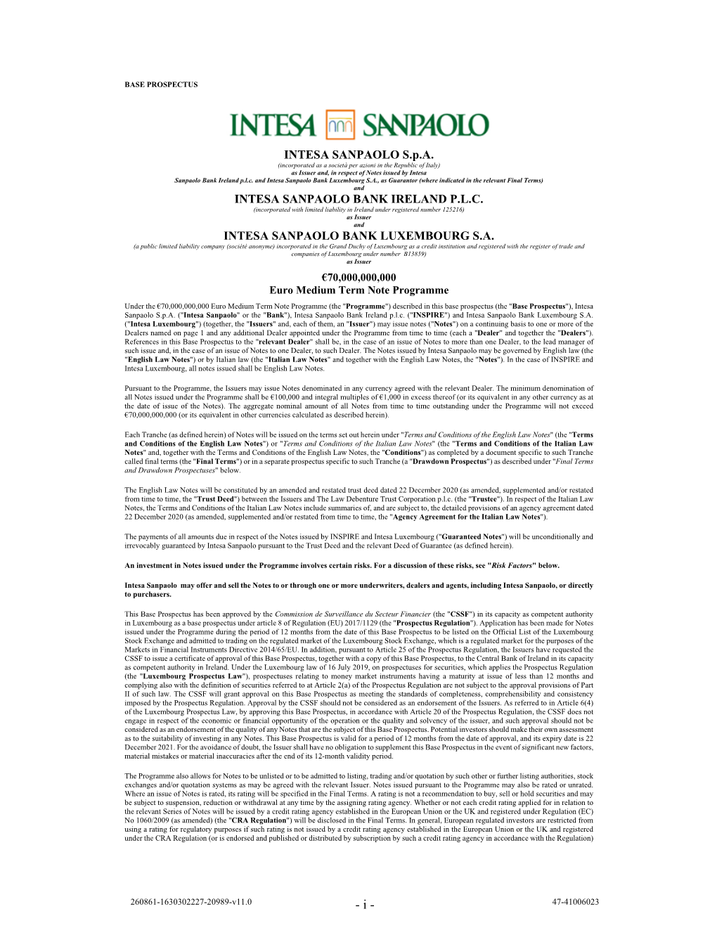 INTESA SANPAOLO S.P.A. INTESA SANPAOLO BANK IRELAND P.L.C