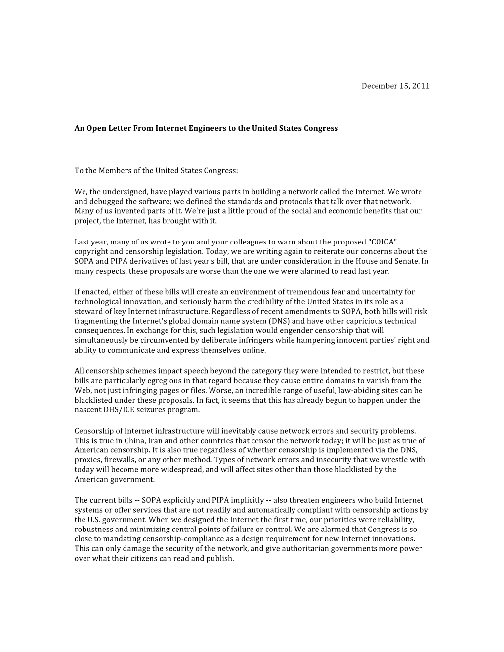December 15, 2011 an Open Letter from Internet Engineers to The